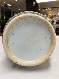 An impressive and fine pair of large Chinese famille verte 'Fishermen and Antiquities' rouleau vases, seal marks, Kangxi