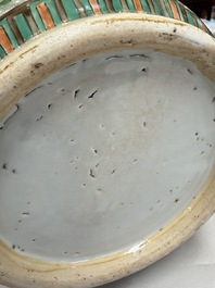 An impressive and fine pair of large Chinese famille verte 'Fishermen and Antiquities' rouleau vases, seal marks, Kangxi