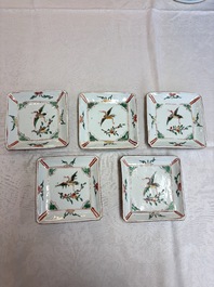 A set of five Chinese wucai Ko-Sometsuke square 'Crane' dishes for the Japanese market, with a tomobako, Tianqi