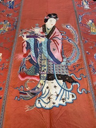 A large and fine Chinese embroidered silk 'Xi Wang Mu and Immortals' panel, 19th C.