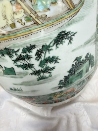 An impressive and fine pair of large Chinese famille verte 'Fishermen and Antiquities' rouleau vases, seal marks, Kangxi