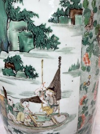 An impressive and fine pair of large Chinese famille verte 'Fishermen and Antiquities' rouleau vases, seal marks, Kangxi