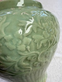 A fine large Chinese Longquan celadon 'Floral' jar, Ming