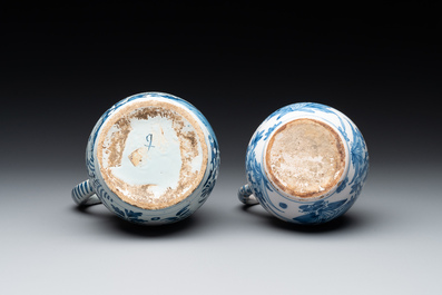 Two blue and white Dutch Delft jugs with pewter lids, 17/18th C.