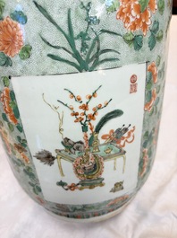 An impressive and fine pair of large Chinese famille verte 'Fishermen and Antiquities' rouleau vases, seal marks, Kangxi