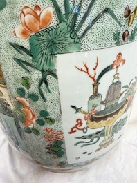 An impressive and fine pair of large Chinese famille verte 'Fishermen and Antiquities' rouleau vases, seal marks, Kangxi