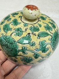 A rare pair of Chinese famille verte yellow-ground 'Flower Scroll' covered vases, Kangxi