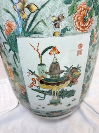 An impressive and fine pair of large Chinese famille verte 'Fishermen and Antiquities' rouleau vases, seal marks, Kangxi