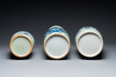 Three Chinese blue and white celadon-ground vases and two famille rose jars, 19/20th C.