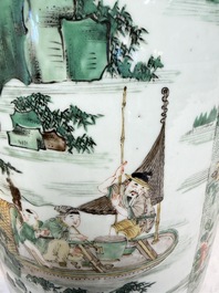 An impressive and fine pair of large Chinese famille verte 'Fishermen and Antiquities' rouleau vases, seal marks, Kangxi