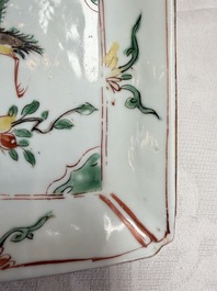 A set of five Chinese wucai Ko-Sometsuke square 'Crane' dishes for the Japanese market, with a tomobako, Tianqi