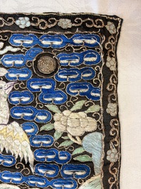 A pair of Chinese embroidered silk 'Civil Ninth-Rank' badges and a pair of kesi 'Civil Fifth-Rank' badges, Qing