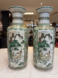 An impressive and fine pair of large Chinese famille verte 'Fishermen and Antiquities' rouleau vases, seal marks, Kangxi