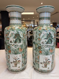 An impressive and fine pair of large Chinese famille verte 'Fishermen and Antiquities' rouleau vases, seal marks, Kangxi