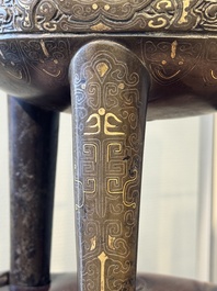 A rare Chinese gold- and silver-inlaid bronze 'Ding' censer with Taotie design on a hongmu stand, Shaosheng 紹聖 and Su Zhe 蘇轍 mark, Song or later