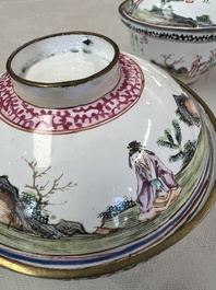 A pair of Chinese Canton enamel 'Wang Zhi Lan Ke 王質爛柯' and 'Poem' covered bowls, 18th C.