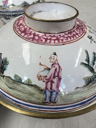 A pair of Chinese Canton enamel 'Wang Zhi Lan Ke 王質爛柯' and 'Poem' covered bowls, 18th C.