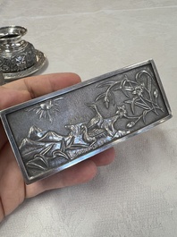A pair of Chinese silver jarlets, a pair of saucer dishes, a rectangular casket and a cylindrical box, 19/20th C.