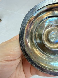 A Chinese silver 'Dragon' vase, two stem cups and a handled cup, various marks, 19/20th C.