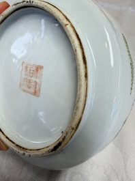 A Chinese famille rose teapot and two covered boxes, Republic