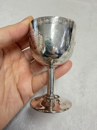 A Chinese silver 'Dragon' vase, two stem cups and a handled cup, various marks, 19/20th C.
