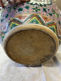 A Chinese famille verte pink-ground scroll pot with narrative design, 19th C.