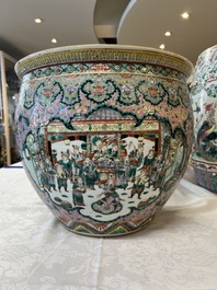 A Chinese famille verte pink-ground scroll pot with narrative design, 19th C.