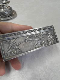 A pair of Chinese silver jarlets, a pair of saucer dishes, a rectangular casket and a cylindrical box, 19/20th C.