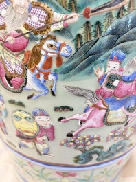 A pair of large Chinese famille rose celadon-ground 'Romance of the Three Kingdoms' vases, 19th C.