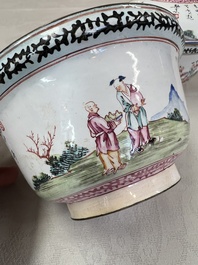 A pair of Chinese Canton enamel 'Wang Zhi Lan Ke 王質爛柯' and 'Poem' covered bowls, 18th C.