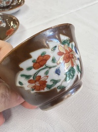 A Chinese famille rose capucine-ground covered teapot with floral design, seven cups and saucers, Yongzheng/Qianlong
