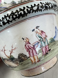 A pair of Chinese Canton enamel 'Wang Zhi Lan Ke 王質爛柯' and 'Poem' covered bowls, 18th C.