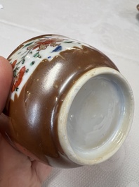 A Chinese famille rose capucine-ground covered teapot with floral design, seven cups and saucers, Yongzheng/Qianlong
