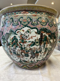 A Chinese famille verte pink-ground scroll pot with narrative design, 19th C.
