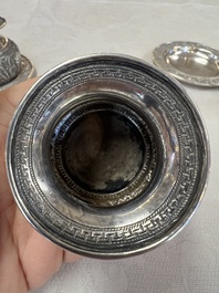 A pair of Chinese silver jarlets, a pair of saucer dishes, a rectangular casket and a cylindrical box, 19/20th C.