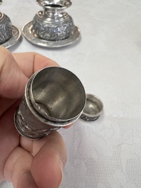 A pair of Chinese silver jarlets, a pair of saucer dishes, a rectangular casket and a cylindrical box, 19/20th C.