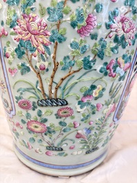 A pair of large Chinese famille rose celadon-ground 'Romance of the Three Kingdoms' vases, 19th C.