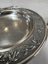 A pair of Chinese silver jarlets, a pair of saucer dishes, a rectangular casket and a cylindrical box, 19/20th C.