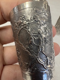 A Chinese Canton or Vietnamese silver bottle vase with landscape design and six cups, 19th C.
