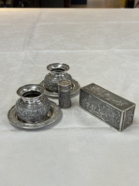 A pair of Chinese silver jarlets, a pair of saucer dishes, a rectangular casket and a cylindrical box, 19/20th C.
