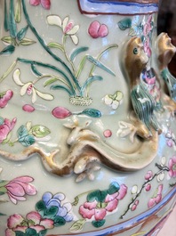 A pair of large Chinese famille rose celadon-ground 'Romance of the Three Kingdoms' vases, 19th C.