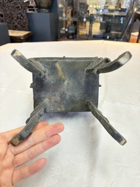 A Chinese archaistic bronze censer with Taotie design, Fang Ding 方鼎, Ming