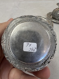 A pair of Chinese silver jarlets, a pair of saucer dishes, a rectangular casket and a cylindrical box, 19/20th C.