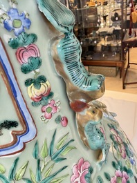 A pair of large Chinese famille rose celadon-ground 'Romance of the Three Kingdoms' vases, 19th C.