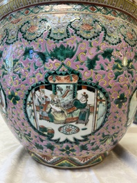 A Chinese famille verte pink-ground scroll pot with narrative design, 19th C.