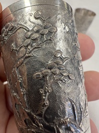 A Chinese Canton or Vietnamese silver bottle vase with landscape design and six cups, 19th C.