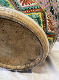 A Chinese famille verte pink-ground scroll pot with narrative design, 19th C.