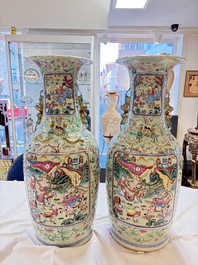 A pair of large Chinese famille rose celadon-ground 'Romance of the Three Kingdoms' vases, 19th C.
