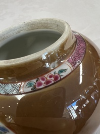 A Chinese famille rose capucine-ground covered teapot with floral design, seven cups and saucers, Yongzheng/Qianlong
