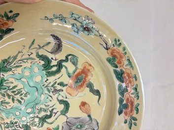 A pair of Chinese famille verte caf&eacute;-au-lait-ground plates with floral design, lotus mark, Kangxi